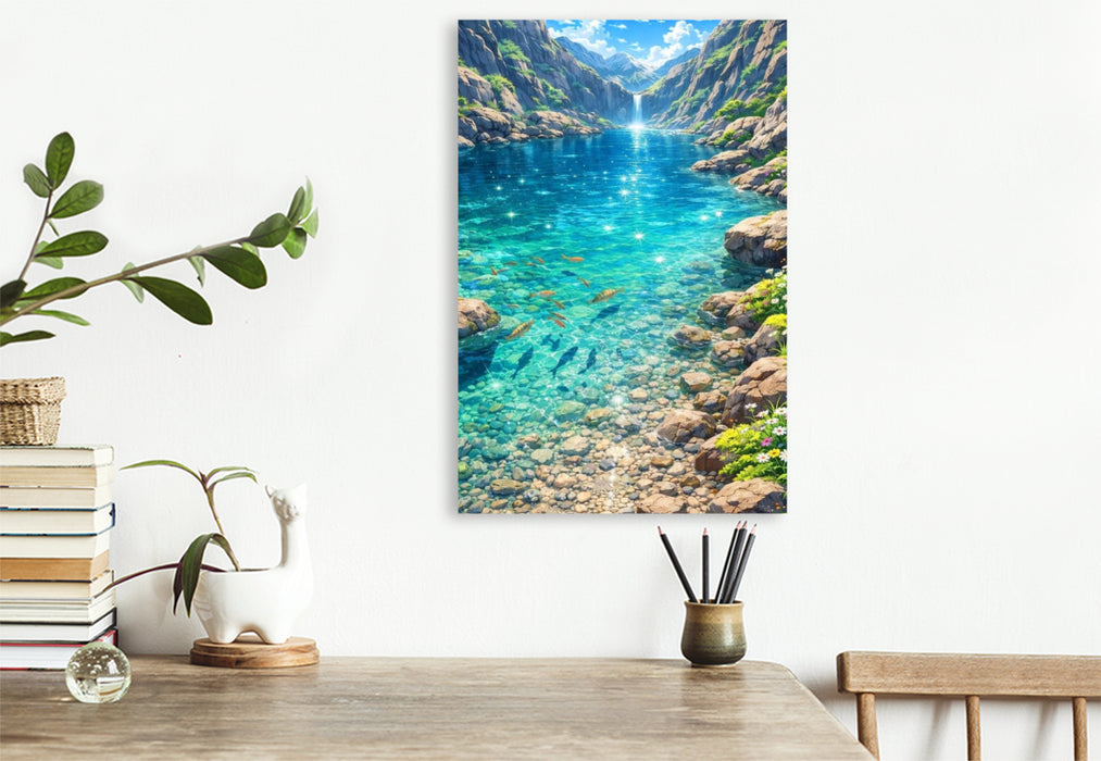 Premium Textil-Leinwand Glitzernde Oberfläche am See - wie im Anime Zeichentrickfilm