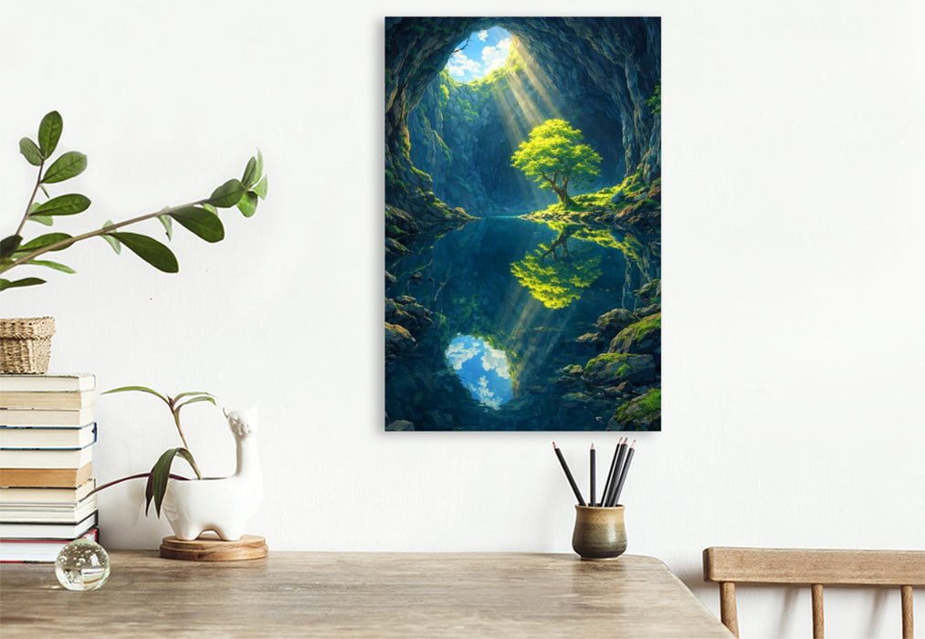 Premium Textil-Leinwand Einsamer Baum in der Höhle - wie im Anime Zeichentrickfilm