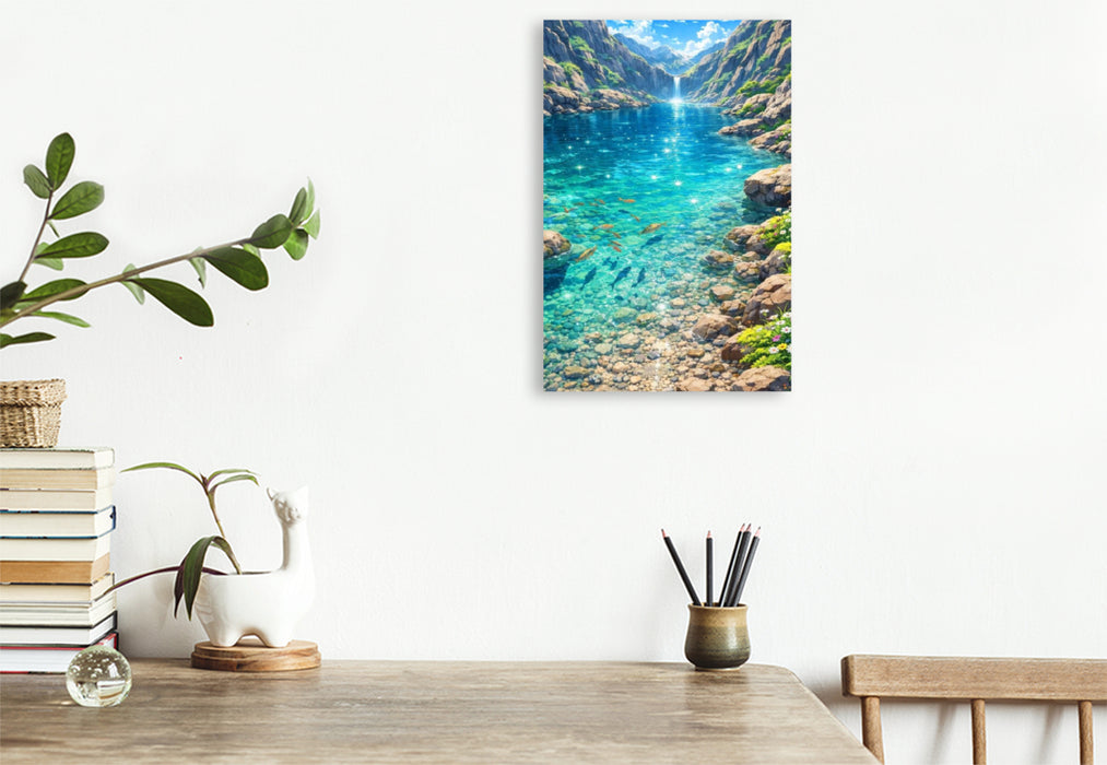 Premium Textil-Leinwand Glitzernde Oberfläche am See - wie im Anime Zeichentrickfilm
