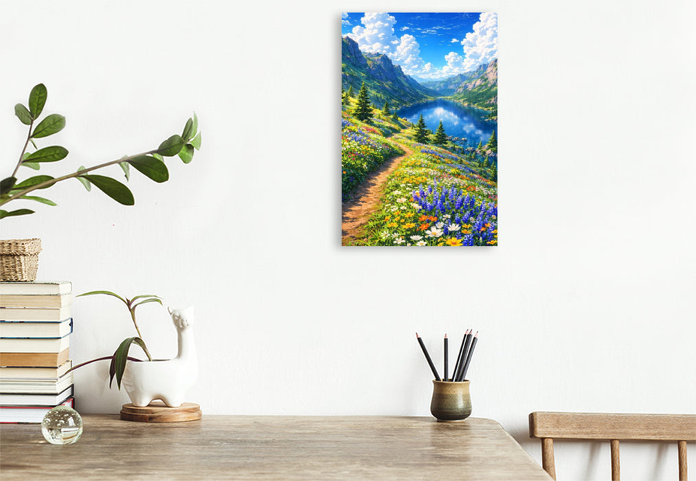 Premium Textil-Leinwand Versteckter See im Gebirge - wie im Anime Zeichentrickfilm