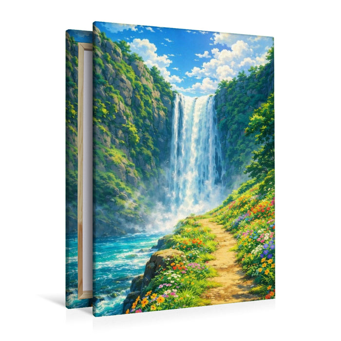 Premium Textil-Leinwand Rauschender Wasserfall - wie im Anime Zeichentrickfilm