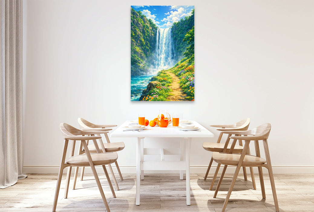 Premium Textil-Leinwand Rauschender Wasserfall - wie im Anime Zeichentrickfilm
