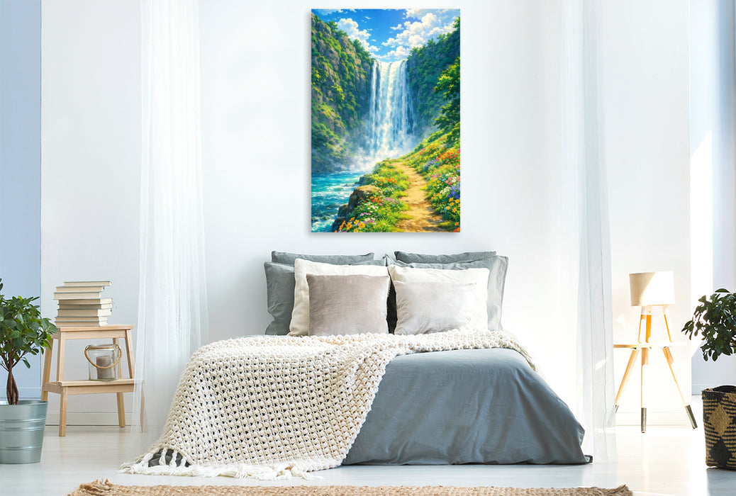 Premium Textil-Leinwand Rauschender Wasserfall - wie im Anime Zeichentrickfilm