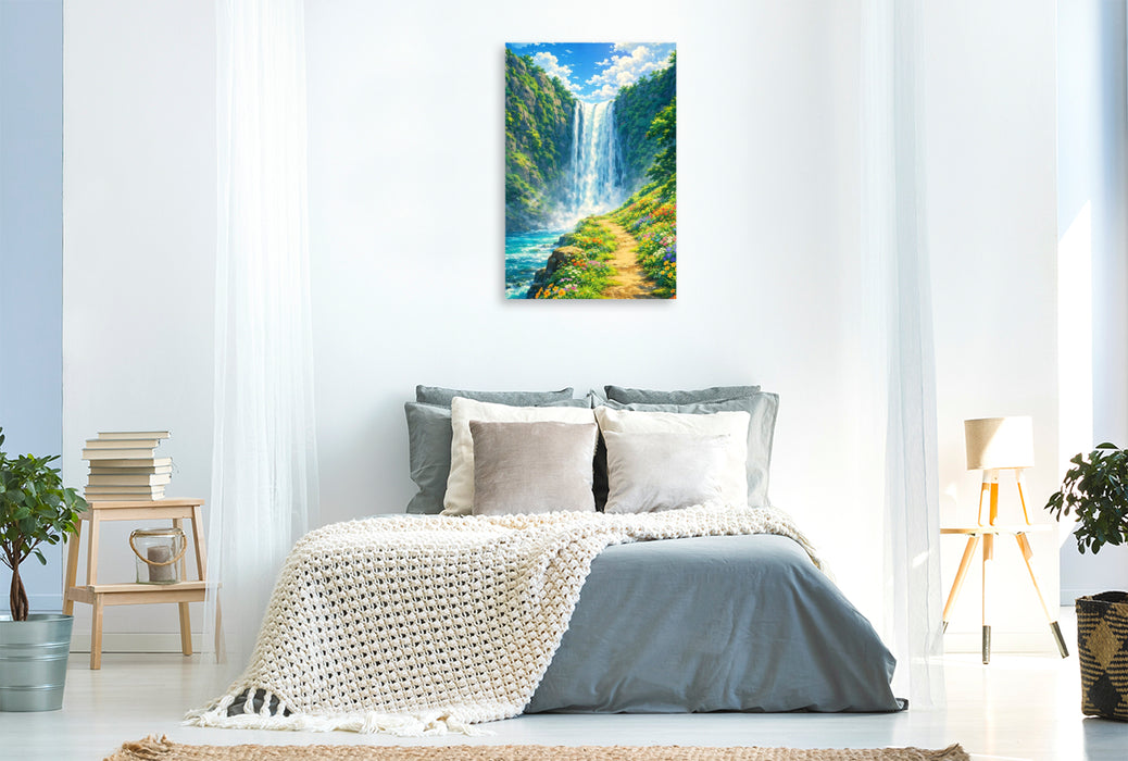 Premium Textil-Leinwand Rauschender Wasserfall - wie im Anime Zeichentrickfilm