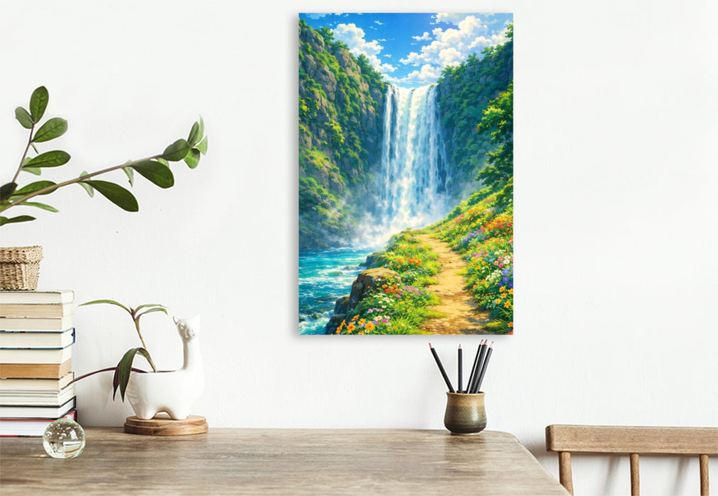Premium Textil-Leinwand Rauschender Wasserfall - wie im Anime Zeichentrickfilm