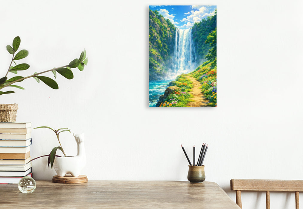 Premium Textil-Leinwand Rauschender Wasserfall - wie im Anime Zeichentrickfilm