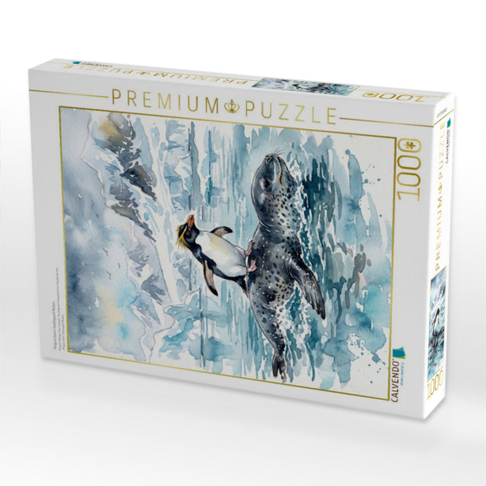 Pinguin beim Seeleopard Reiten - CALVENDO Foto-Puzzle'