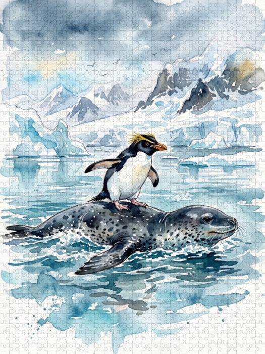 Pinguin beim Seeleopard Reiten - CALVENDO Foto-Puzzle'