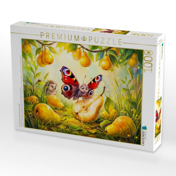 Schmetterling trinkt Birnensaft neben Igel - CALVENDO Foto-Puzzle'