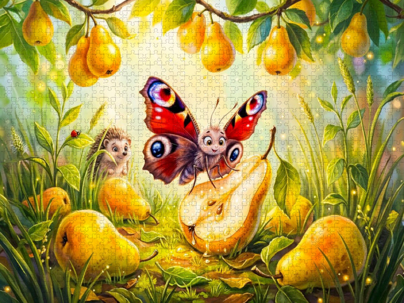 Schmetterling trinkt Birnensaft neben Igel - CALVENDO Foto-Puzzle'