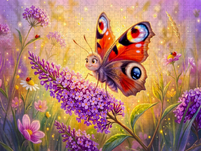 Pfauenauge tankt Nektar am Sommerflieder - CALVENDO Foto-Puzzle'