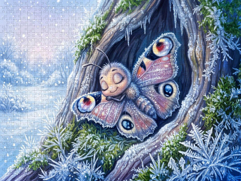 Tagpfauenauge schläft im Winter im Totholzloch - CALVENDO Foto-Puzzle'