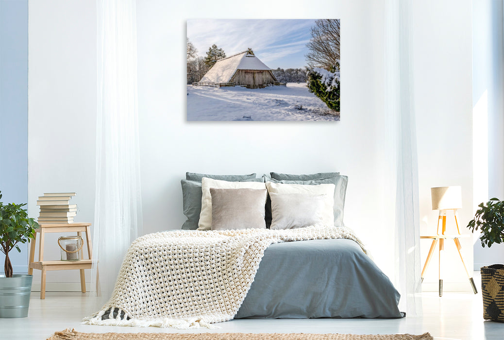 Premium Textil-Leinwand Schafstall in der Lüneburger Heide
