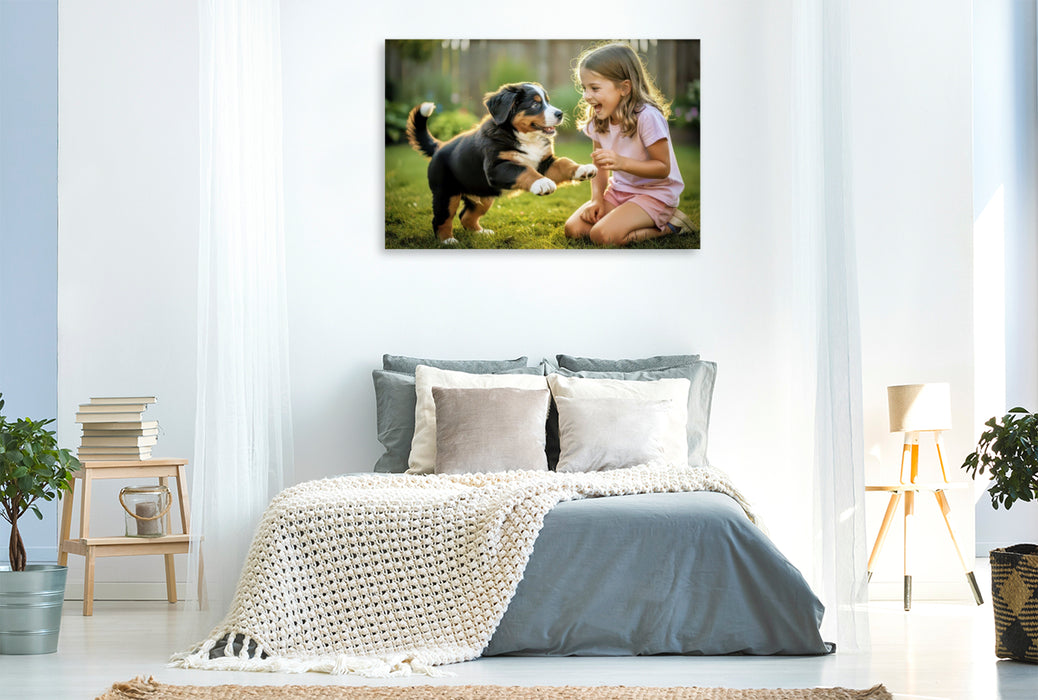 Premium Textil-Leinwand Bernerbabyzauber, ein Moment, der bleibt.