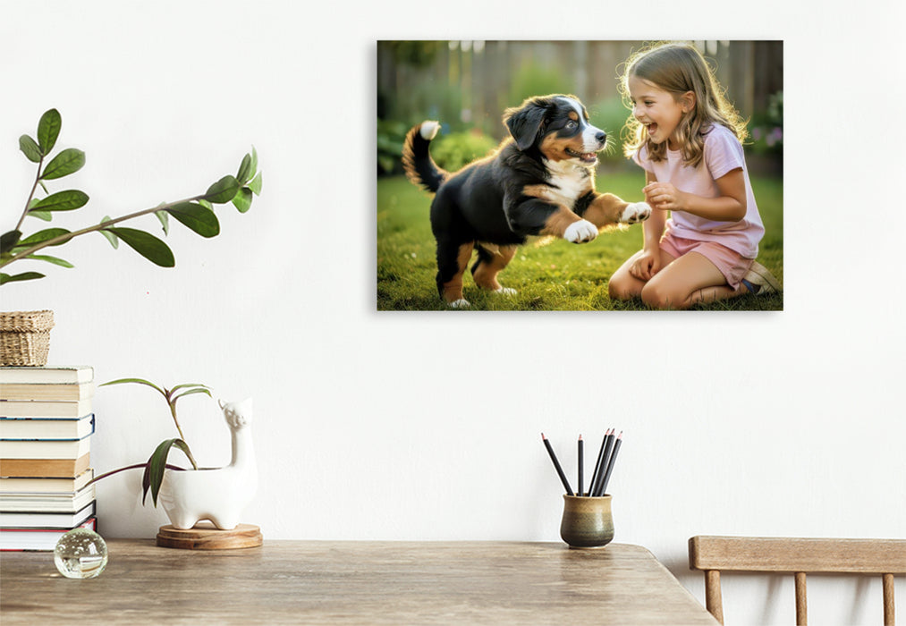 Premium Textil-Leinwand Bernerbabyzauber, ein Moment, der bleibt.