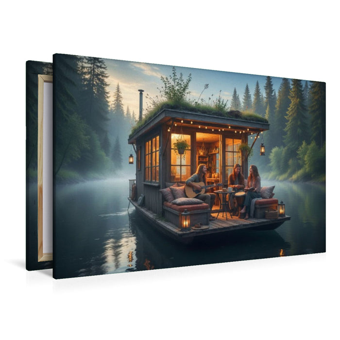 Premium Textil-Leinwand Freunde unterwegs auf einem Hausboot