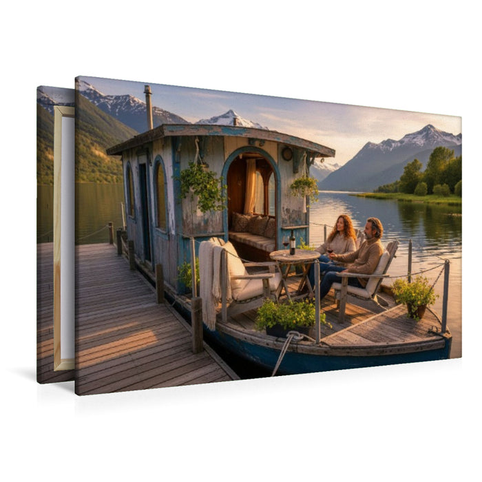 Premium Textil-Leinwand Gemütlicher Weinabend auf einem Hausboot