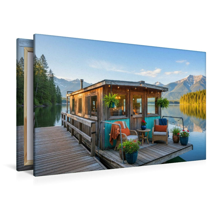 Premium Textil-Leinwand Hausboot an einem Anlegesteg auf einem Bergsee
