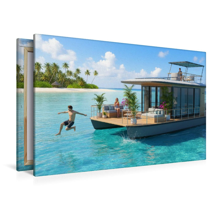 Premium Textil-Leinwand Hausboot vor einer tropischen Insel