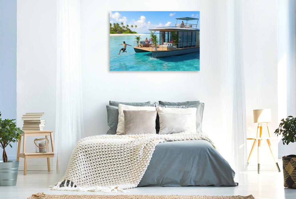 Premium Textil-Leinwand Hausboot vor einer tropischen Insel