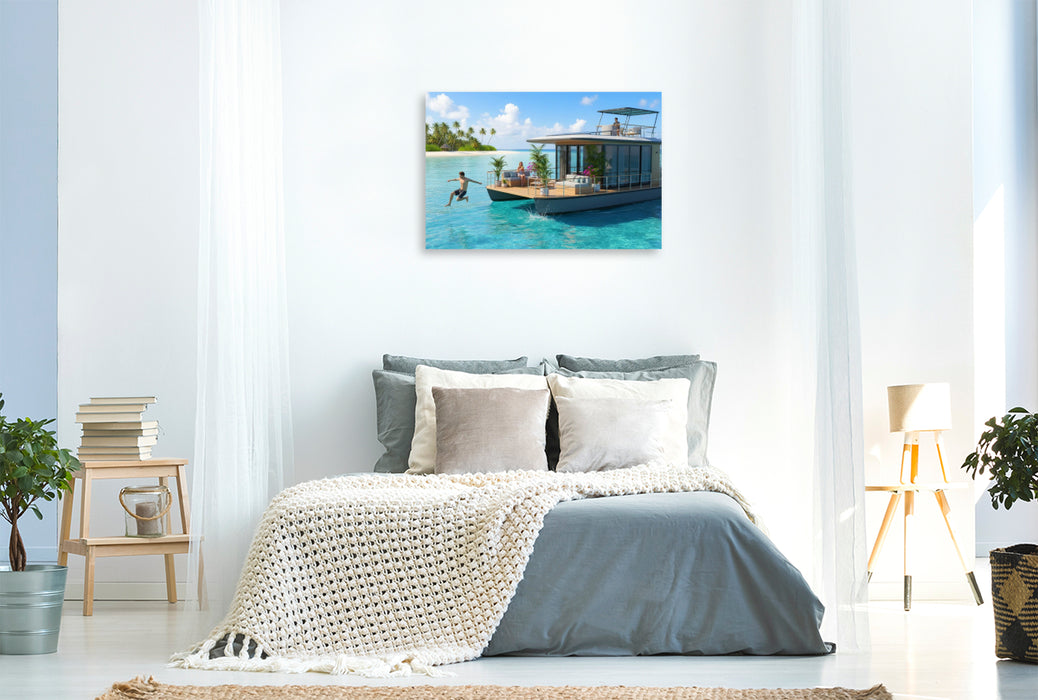 Premium Textil-Leinwand Hausboot vor einer tropischen Insel