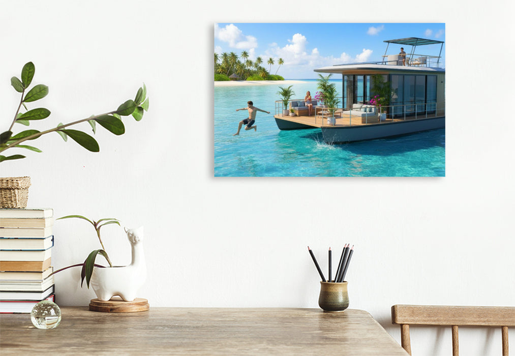 Premium Textil-Leinwand Hausboot vor einer tropischen Insel