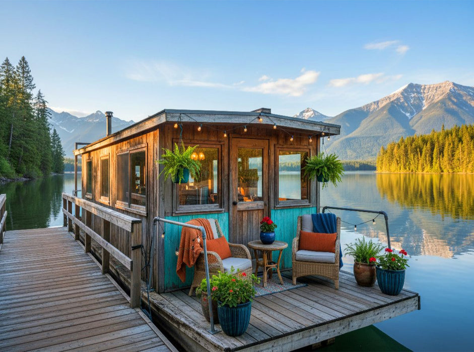 Hausboot an einem Anlegesteg auf einem Bergsee - CALVENDO Foto-Puzzle'