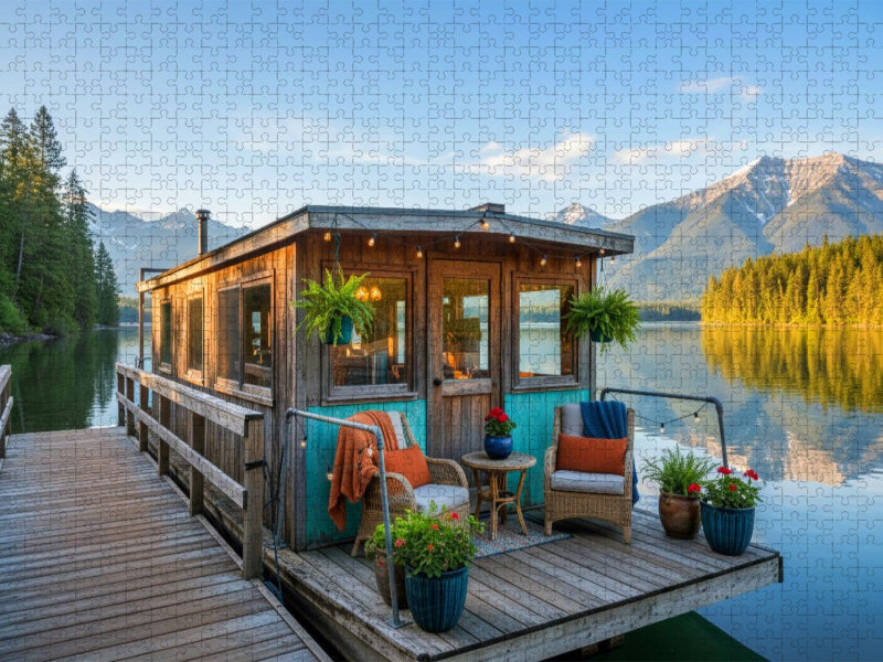 Hausboot an einem Anlegesteg auf einem Bergsee - CALVENDO Foto-Puzzle'