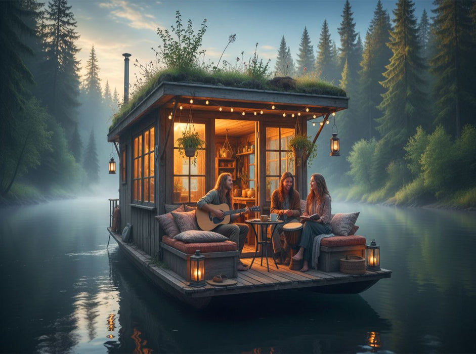 Freunde unterwegs auf einem Hausboot - CALVENDO Foto-Puzzle'