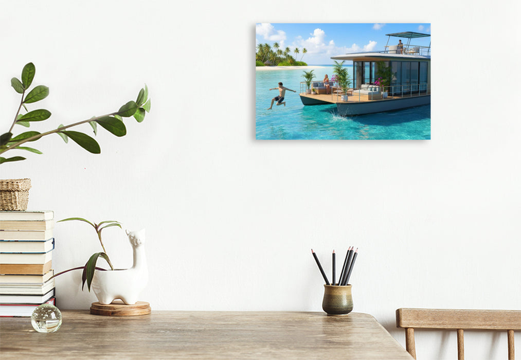 Premium Textil-Leinwand Hausboot vor einer tropischen Insel