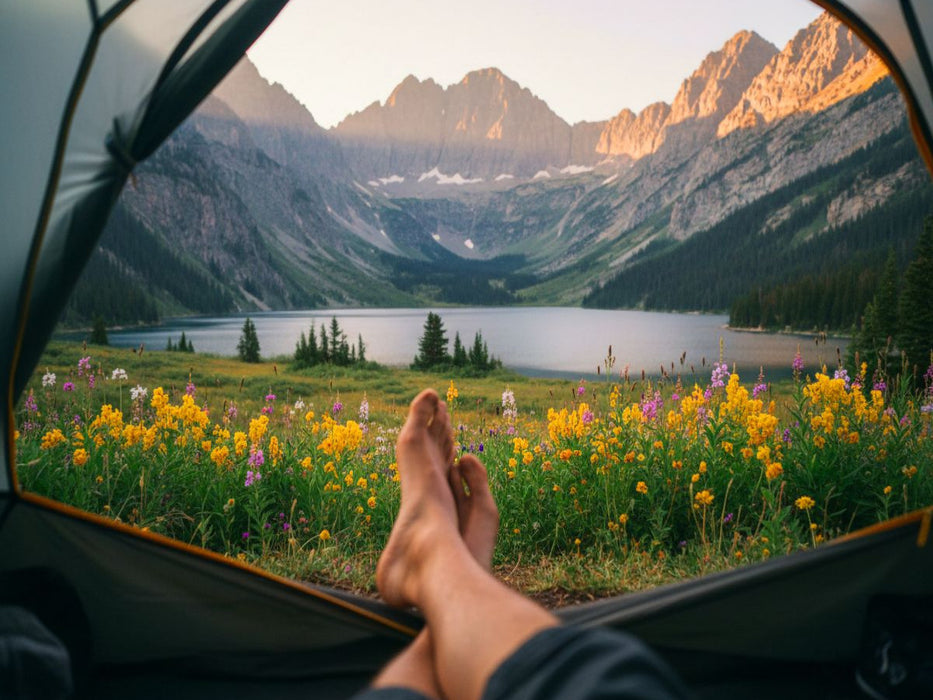 Morgens in den Bergen - Blick aus dem Zelt - CALVENDO Foto-Puzzle'