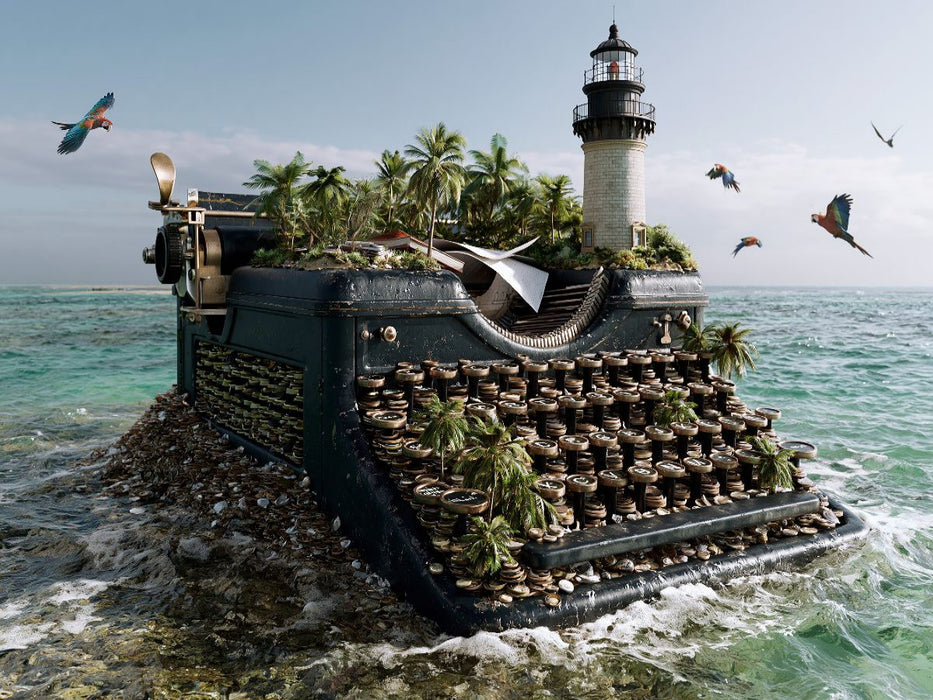 Die Leuchtturm-Papageien-Schreibmaschineninsel - CALVENDO Foto-Puzzle'