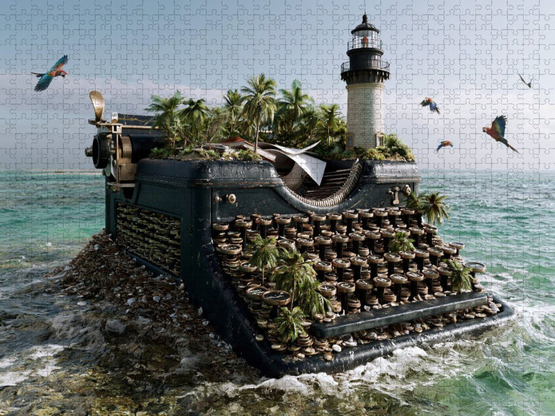 Die Leuchtturm-Papageien-Schreibmaschineninsel - CALVENDO Foto-Puzzle'