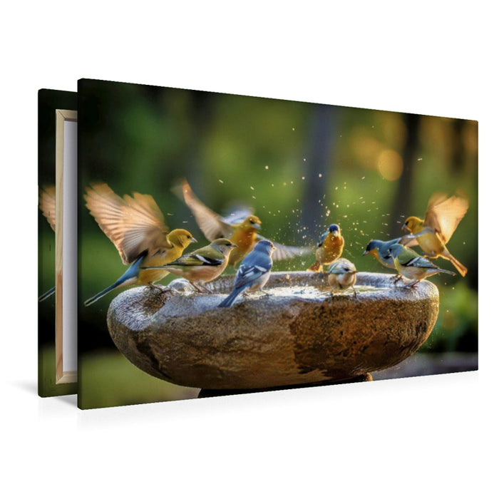 Premium Textil-Leinwand Ein Motiv aus dem Kalender Farbenfrohe Singvögel beim Baden
