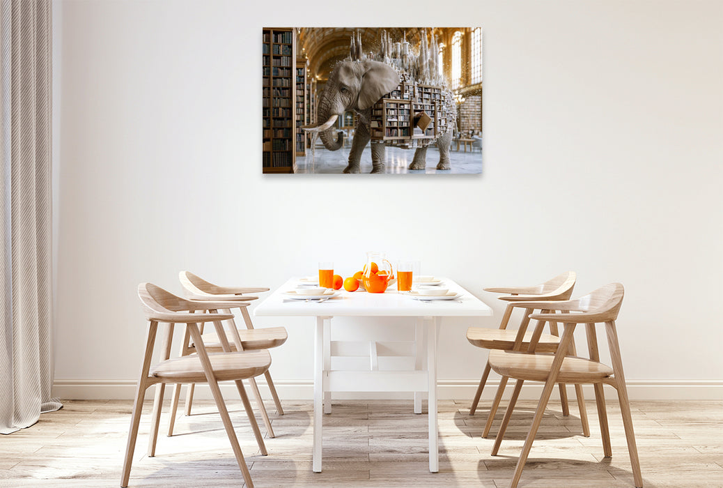 Premium Textil-Leinwand Bibliothekselefant
