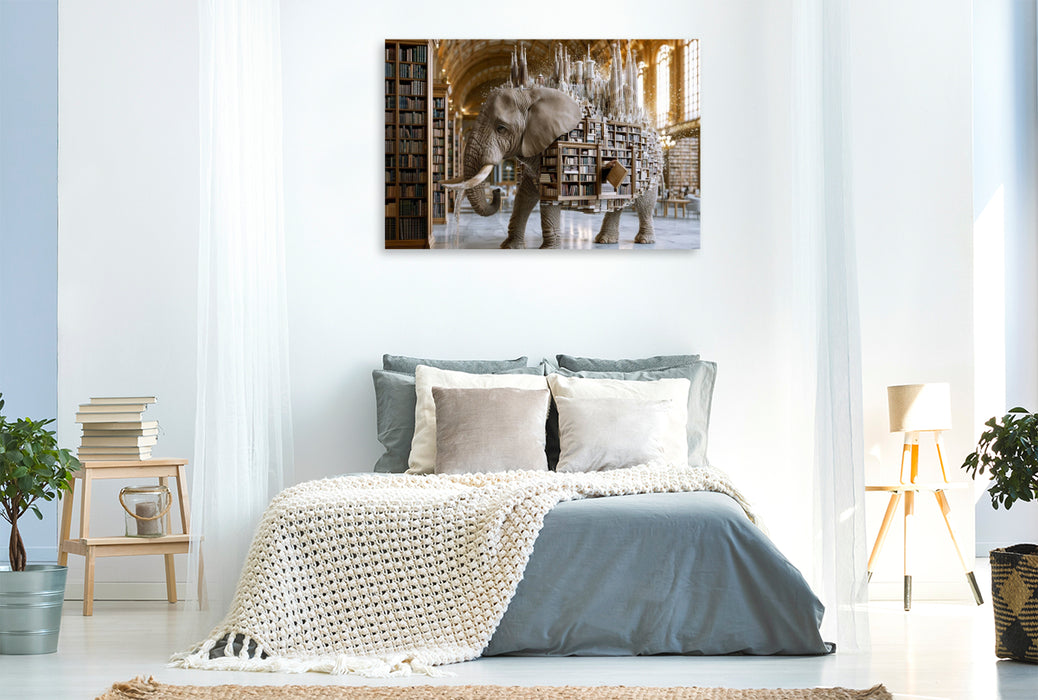 Premium Textil-Leinwand Bibliothekselefant