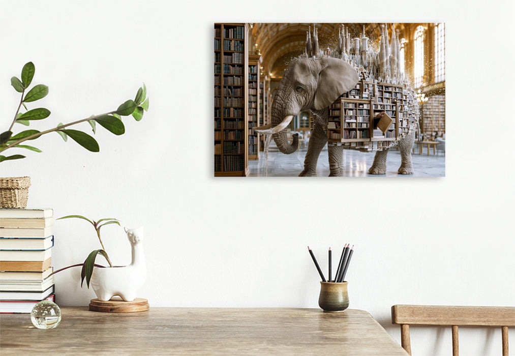 Premium Textil-Leinwand Bibliothekselefant