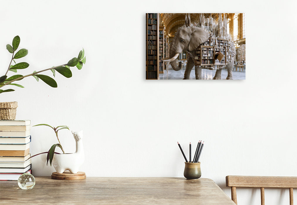 Premium Textil-Leinwand Bibliothekselefant
