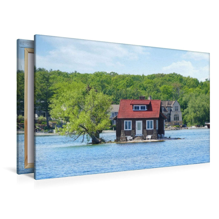 Premium Textil-Leinwand Hub Island „Just Room Enough Island“ (kleinste Insel) im Abfluss des Ontariosees in den Sankt-Lorenz-Strom, Ontario