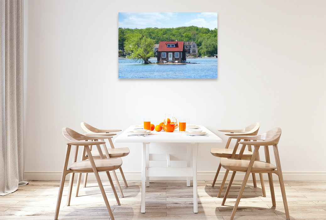 Premium Textil-Leinwand Hub Island „Just Room Enough Island“ (kleinste Insel) im Abfluss des Ontariosees in den Sankt-Lorenz-Strom, Ontario