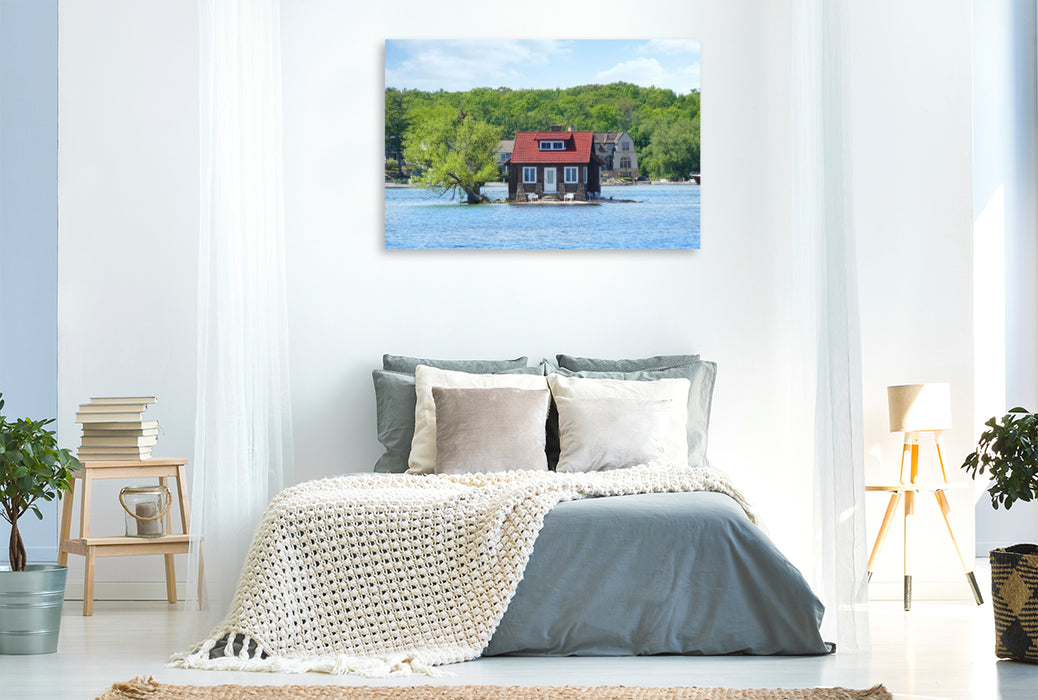 Premium Textil-Leinwand Hub Island „Just Room Enough Island“ (kleinste Insel) im Abfluss des Ontariosees in den Sankt-Lorenz-Strom, Ontario