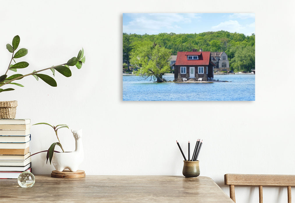 Premium Textil-Leinwand Hub Island „Just Room Enough Island“ (kleinste Insel) im Abfluss des Ontariosees in den Sankt-Lorenz-Strom, Ontario