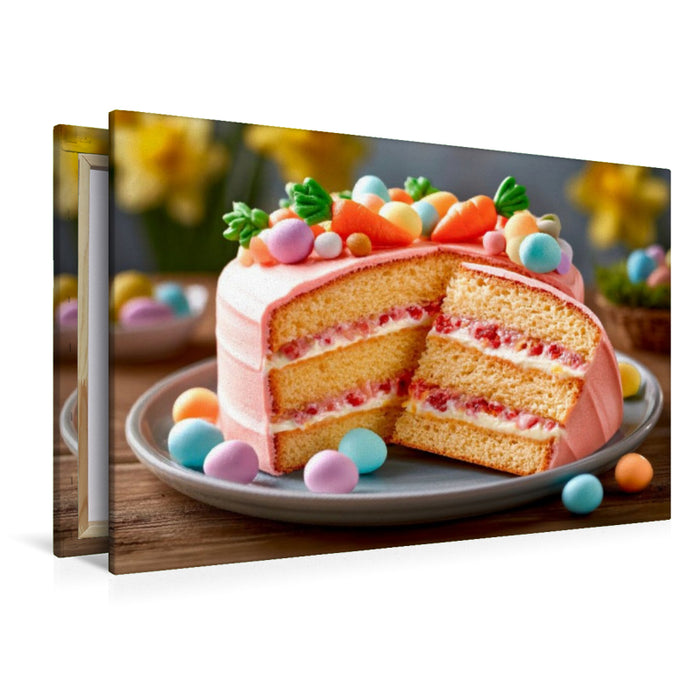 Premium Textil-Leinwand Ein Osterkuchen mit Schichten aus Biskuit und einer Füllung aus Himbeer-Frischkäsecreme.