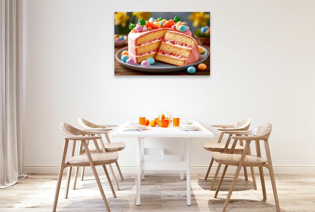 Premium Textil-Leinwand Ein Osterkuchen mit Schichten aus Biskuit und einer Füllung aus Himbeer-Frischkäsecreme.