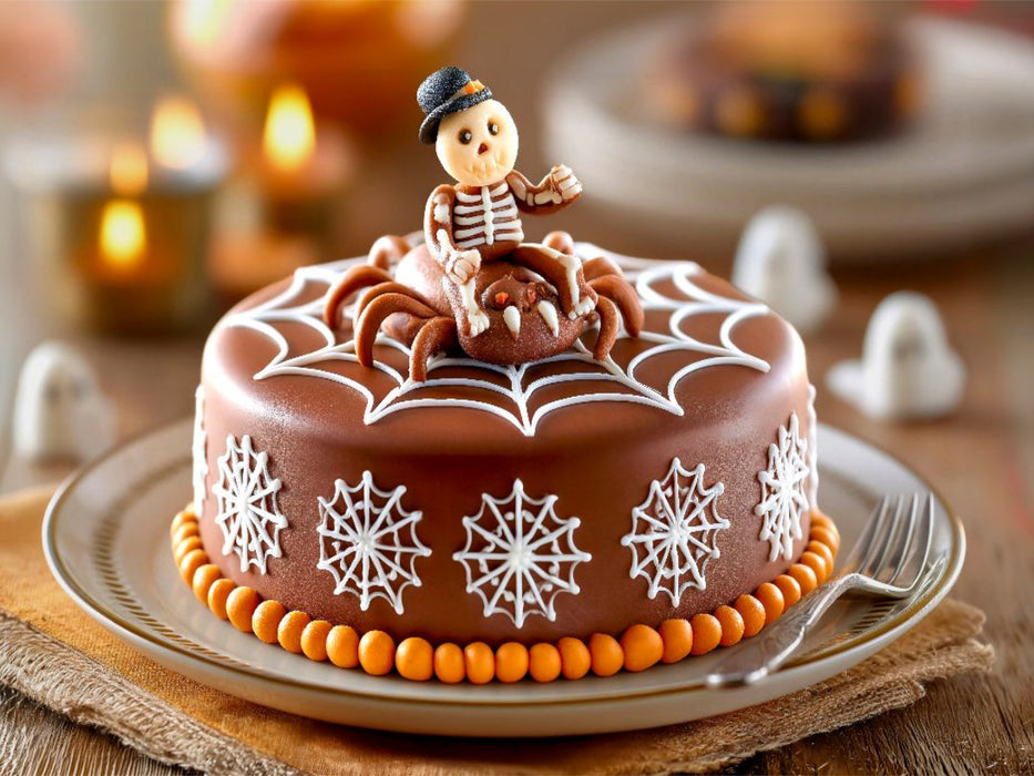 Eine Halloween-Schokoladentorte mit einem furchterregenden Marzipan Skelett auf einer Marzipan-Spinne - CALVENDO Foto-Puzzle'