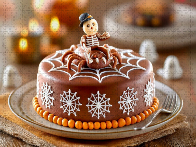 Eine Halloween-Schokoladentorte mit einem furchterregenden Marzipan Skelett auf einer Marzipan-Spinne - CALVENDO Foto-Puzzle'