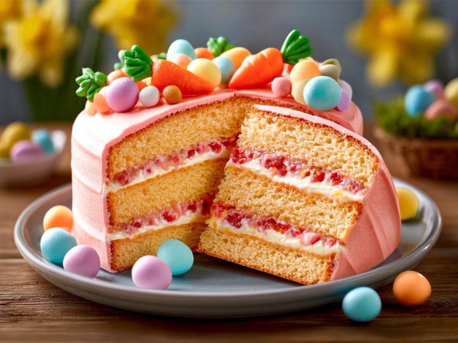 Ein Osterkuchen mit Schichten aus Biskuit und einer Füllung aus Himbeer-Frischkäsecreme. - CALVENDO Foto-Puzzle'