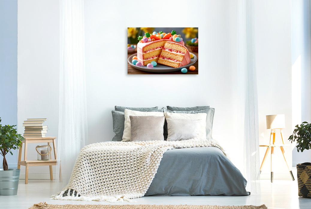Premium Textil-Leinwand Ein Osterkuchen mit Schichten aus Biskuit und einer Füllung aus Himbeer-Frischkäsecreme.