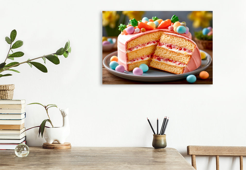 Premium Textil-Leinwand Ein Osterkuchen mit Schichten aus Biskuit und einer Füllung aus Himbeer-Frischkäsecreme.