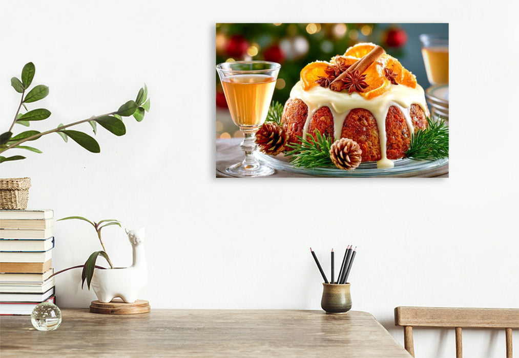 Premium Textil-Leinwand Weihnachtliche Mürbeteig-Torte mit Orangenzersten und einem Hauch von Zimt und Anis